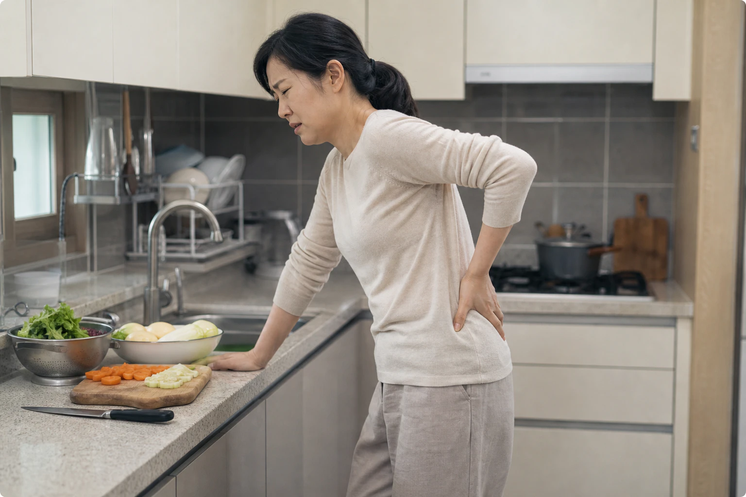 한쪽 골반과 허리가 불편해 체중을 고르게 싣지 못하고 요리를 멈춘 한국인 여성 한 명의 장면