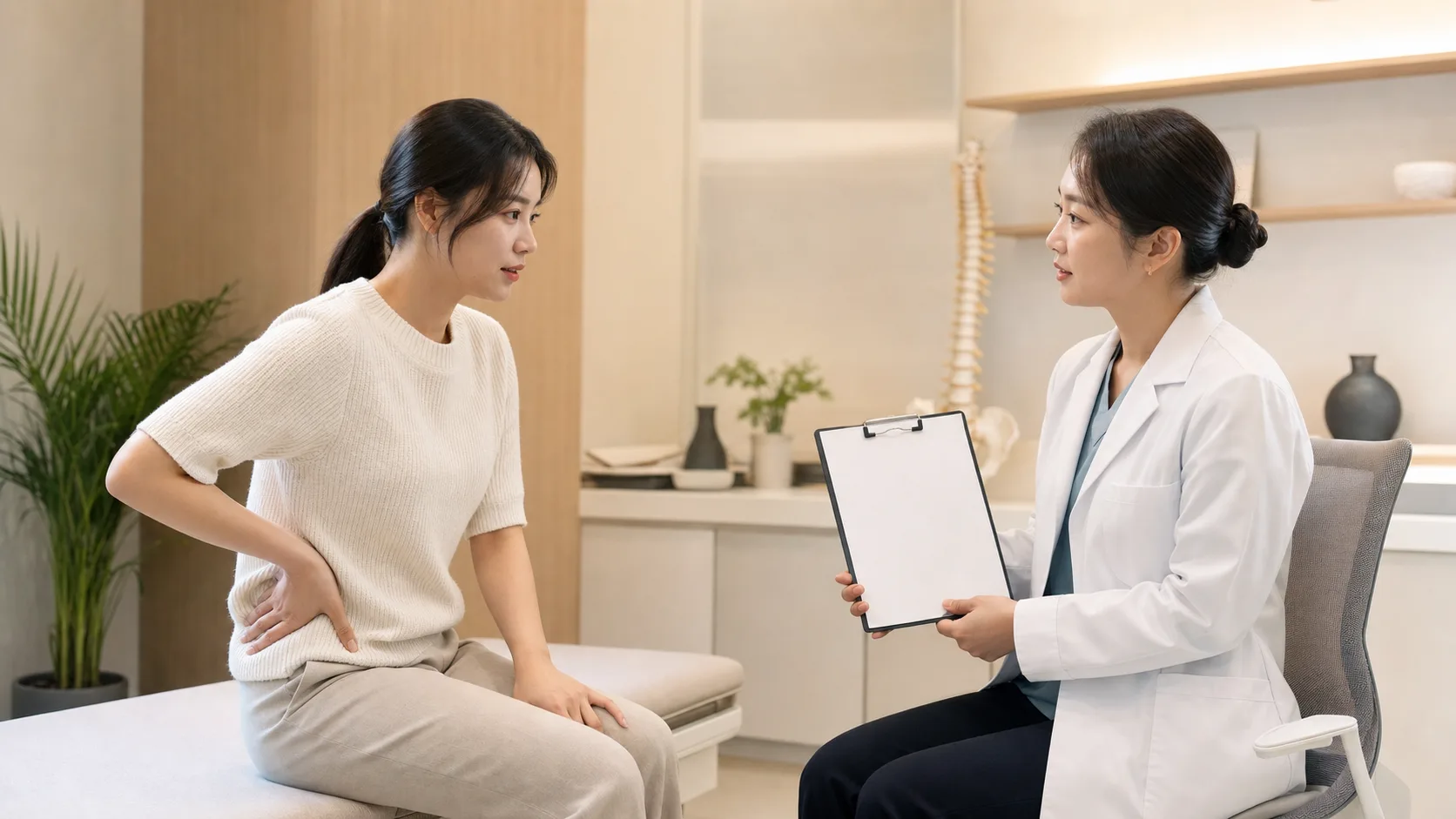 한국인 골반틀어짐 환자가 국내 한의원 상담실에서 골반과 허리 불편을 의료진과 상담하는 장면