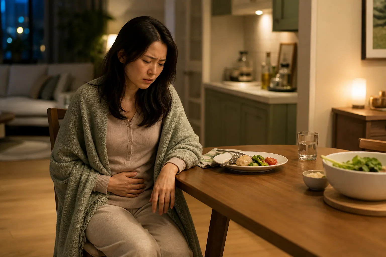 골반염으로 새로 생긴 아랫배 통증과 오한·메스꺼움을 겪는 한국인 여성 한 명이 저녁 준비를 멈추고 식탁에서 쉬는 생활 장면