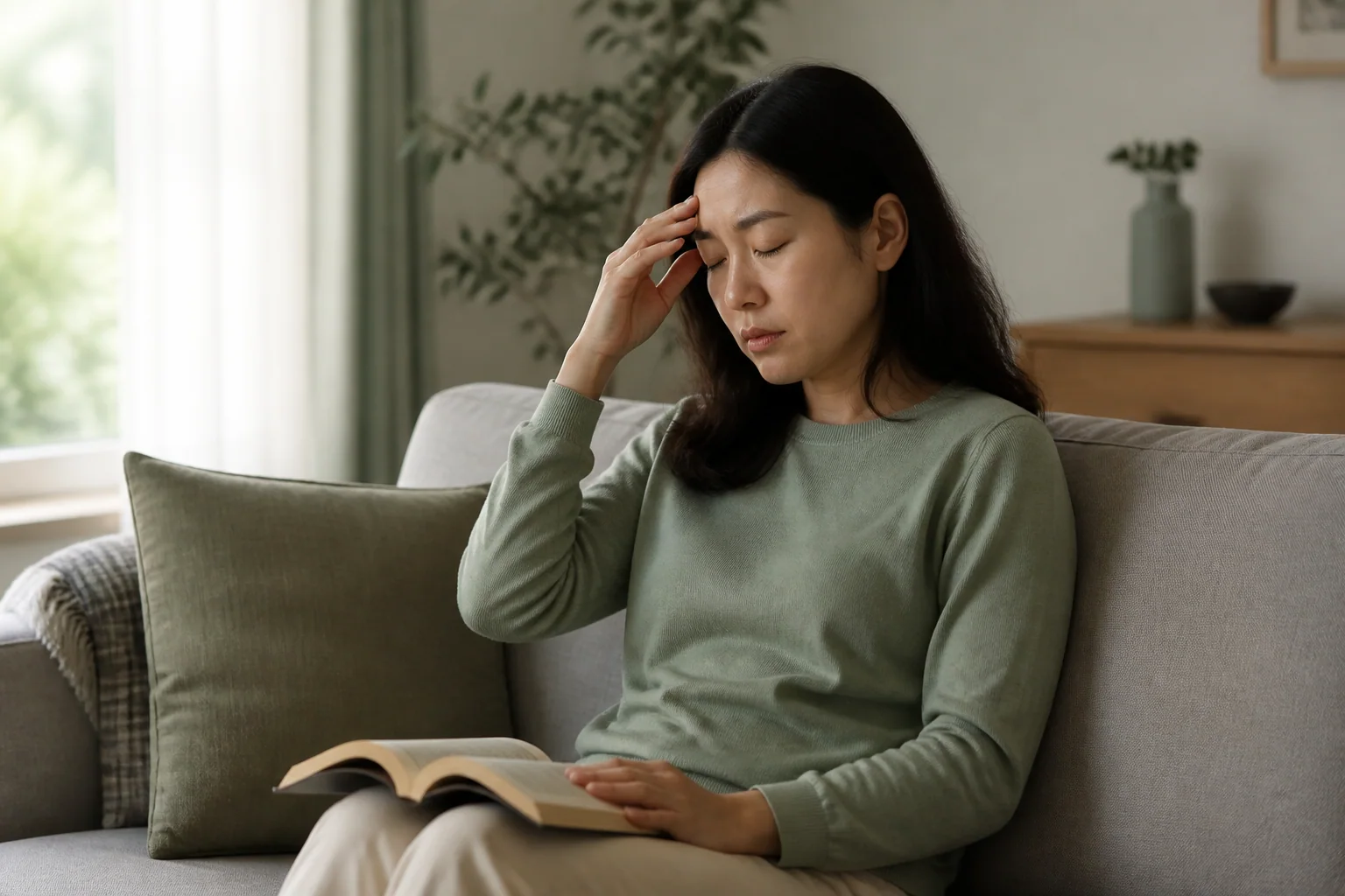 눈 주위와 눈썹 뒤 통증·빛 예민함으로 책을 읽기 어려운 한국인 여성 한 명이 거실에서 독서를 멈춘 생활 장면