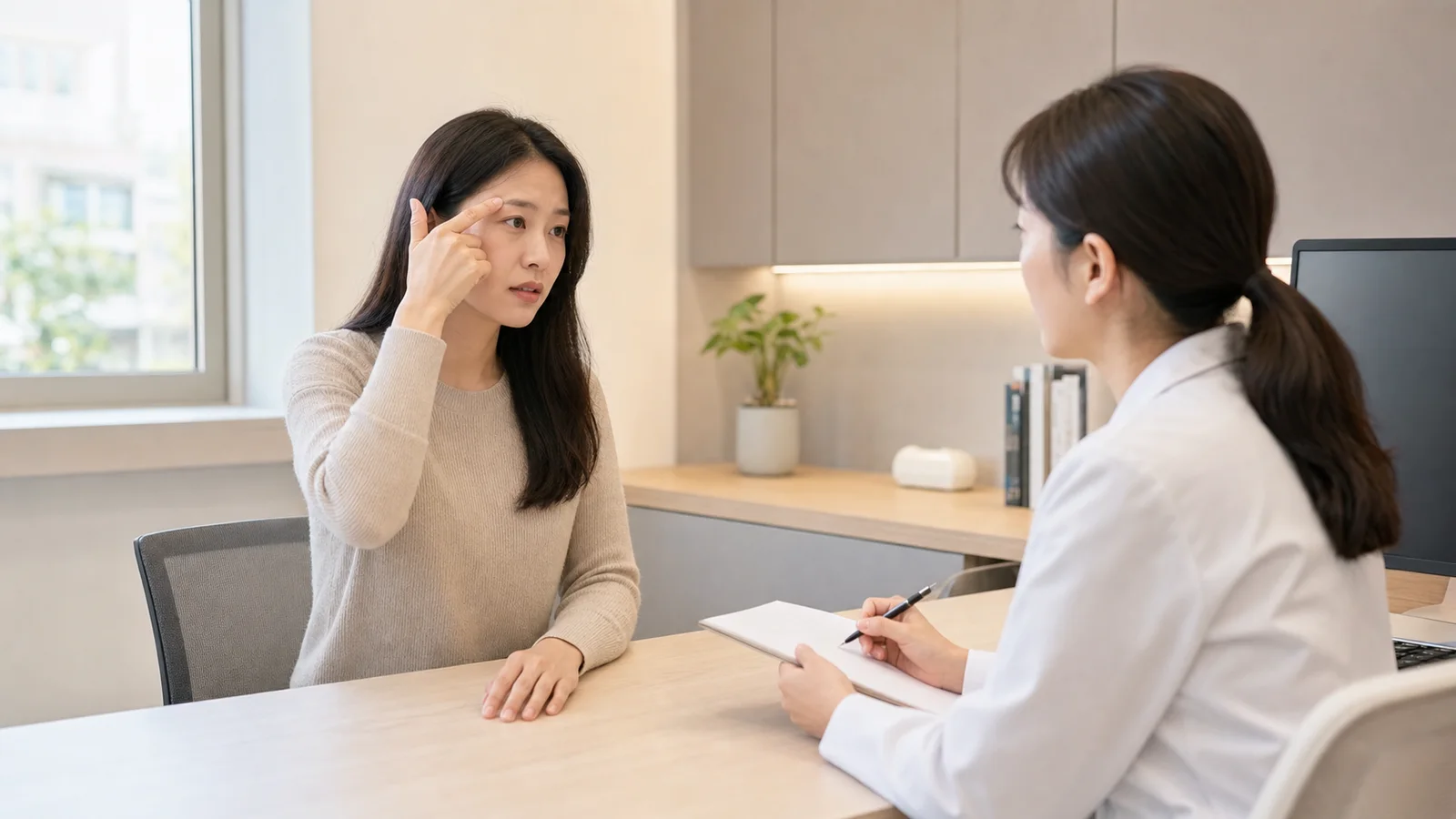 눈주위통증으로 눈썹뼈와 눈 주변 통증 위치를 설명하는 한국인 환자와 국내 한의원 상담 장면