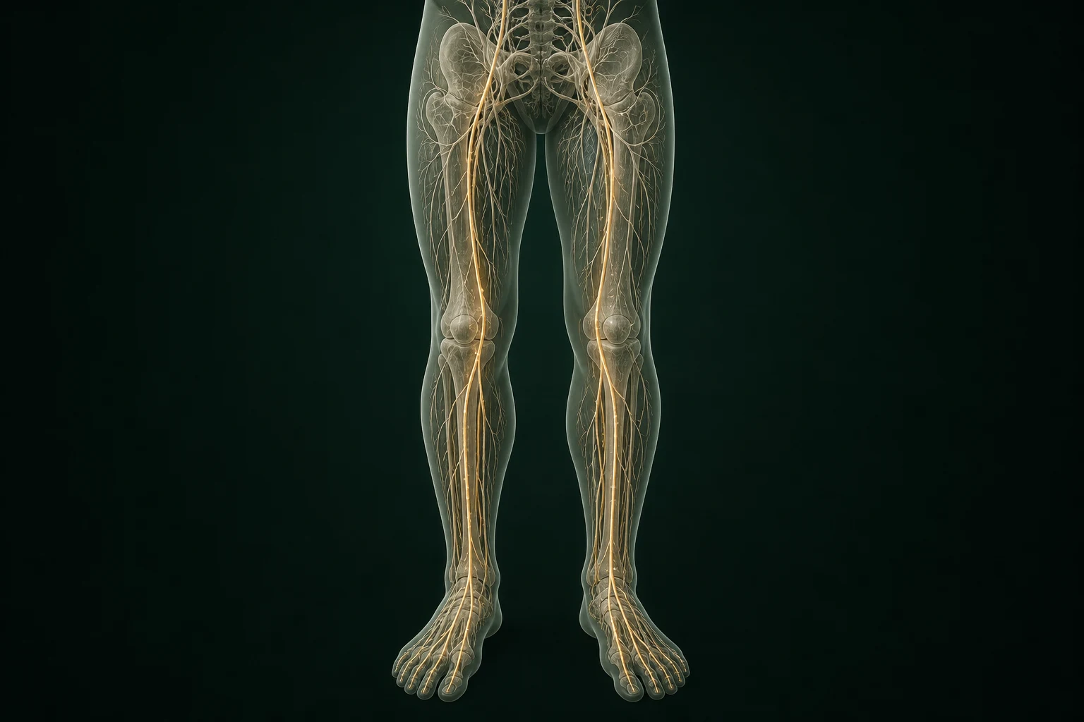 말초신경병증 물질의 흐름을 익명 반투명 인체와 절제된 금빛 경로로 보여 주는 이미지