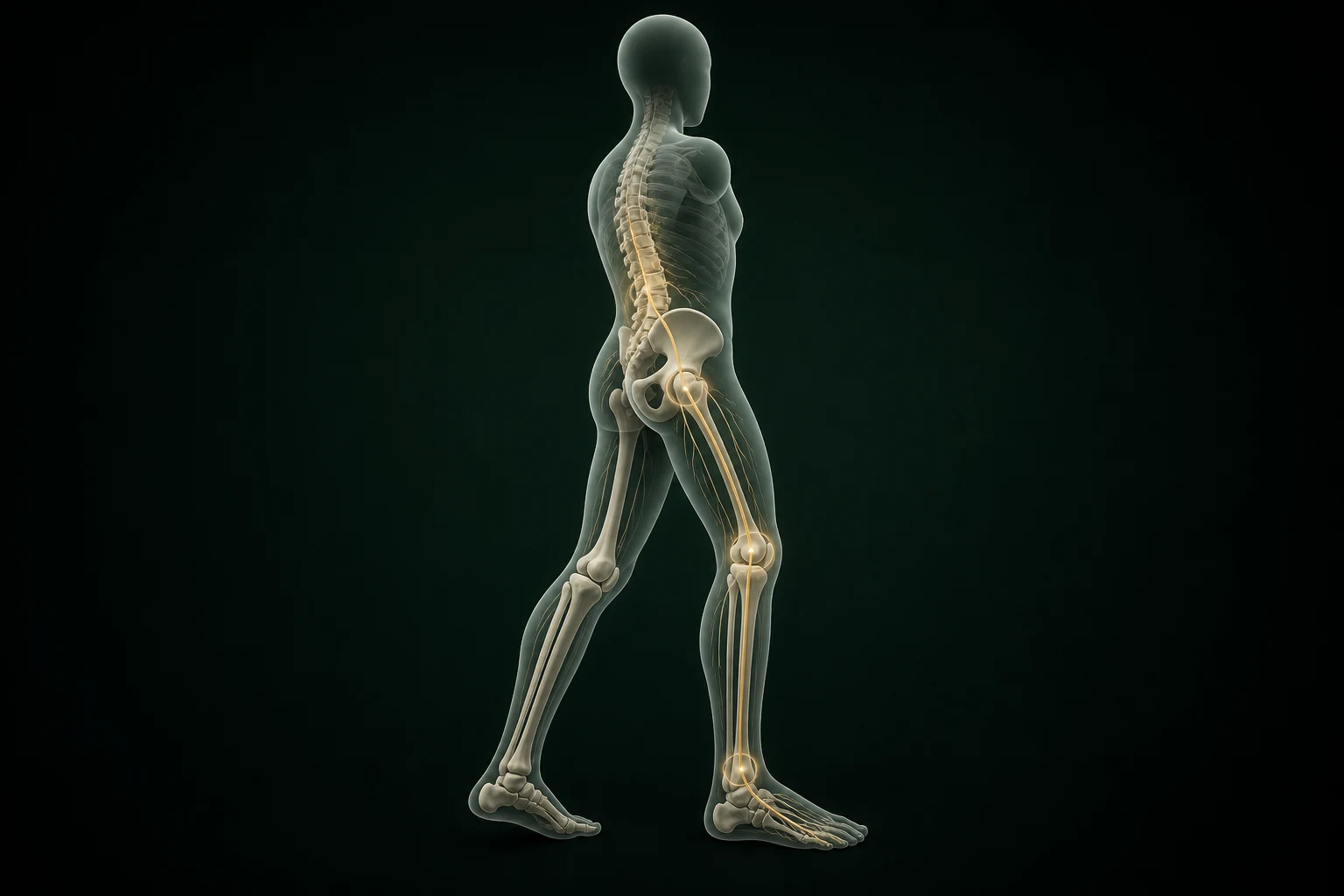 말초신경병증 구조의 흐름을 익명 반투명 인체와 절제된 금빛 경로로 보여 주는 이미지