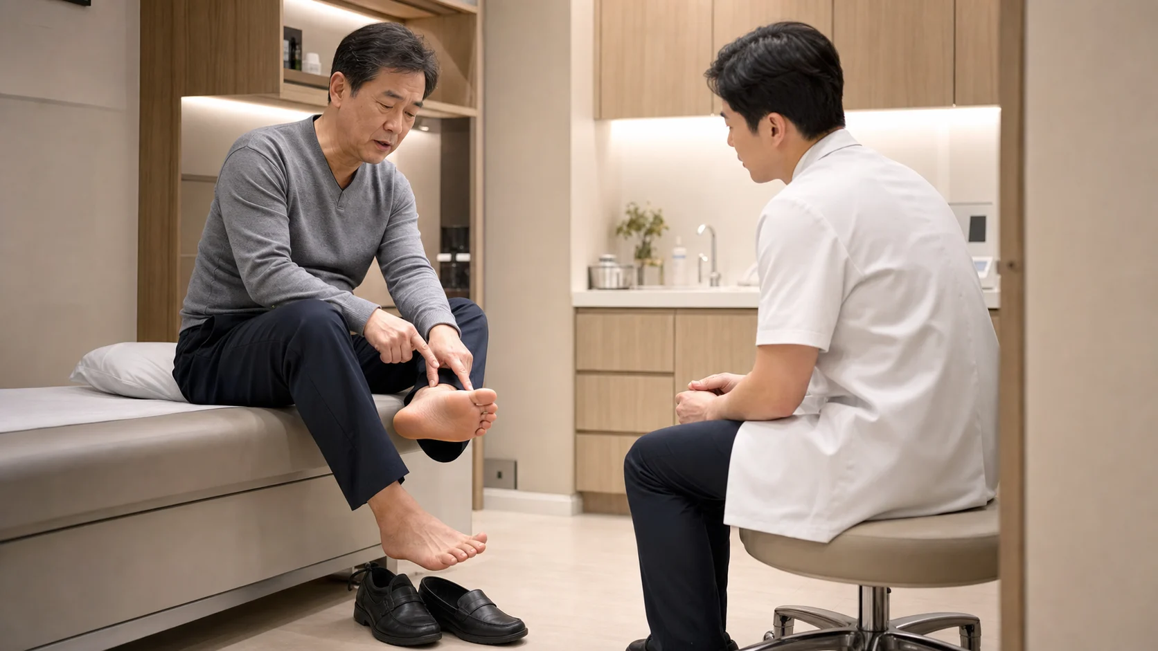 말초신경병증 상담에서 한국인 환자가 발바닥 저림과 화끈거림을 한국인 의료진에게 설명하는 국내 한의원 진료 사진