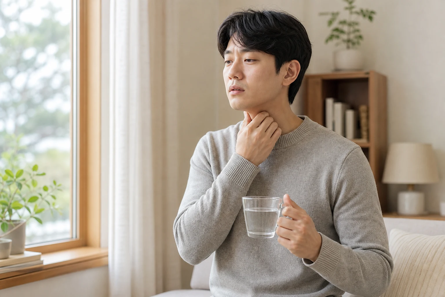 가래와 기침 불편을 호소하는 환자가 밝은 진료실에서 상담하는 장면