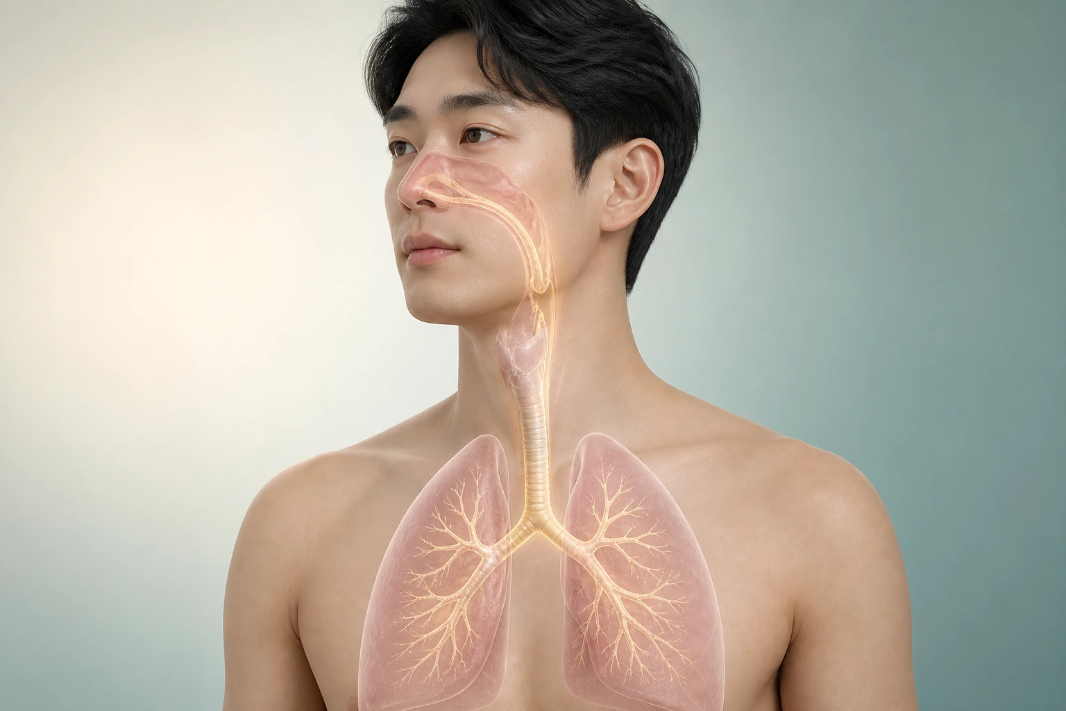 반투명 상반신에서 코·목·기관지로 이어지는 기도와 점액 이동을 절제해 보여 주는 의료 렌더