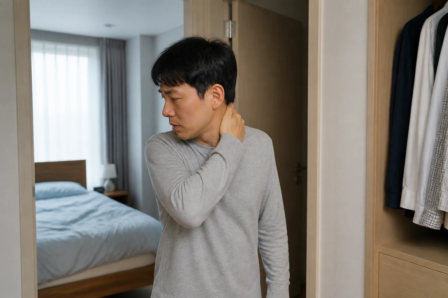 침실 옷장 옆에서 뻣뻣한 뒷목을 손으로 짚으며 고개를 돌리는 남성