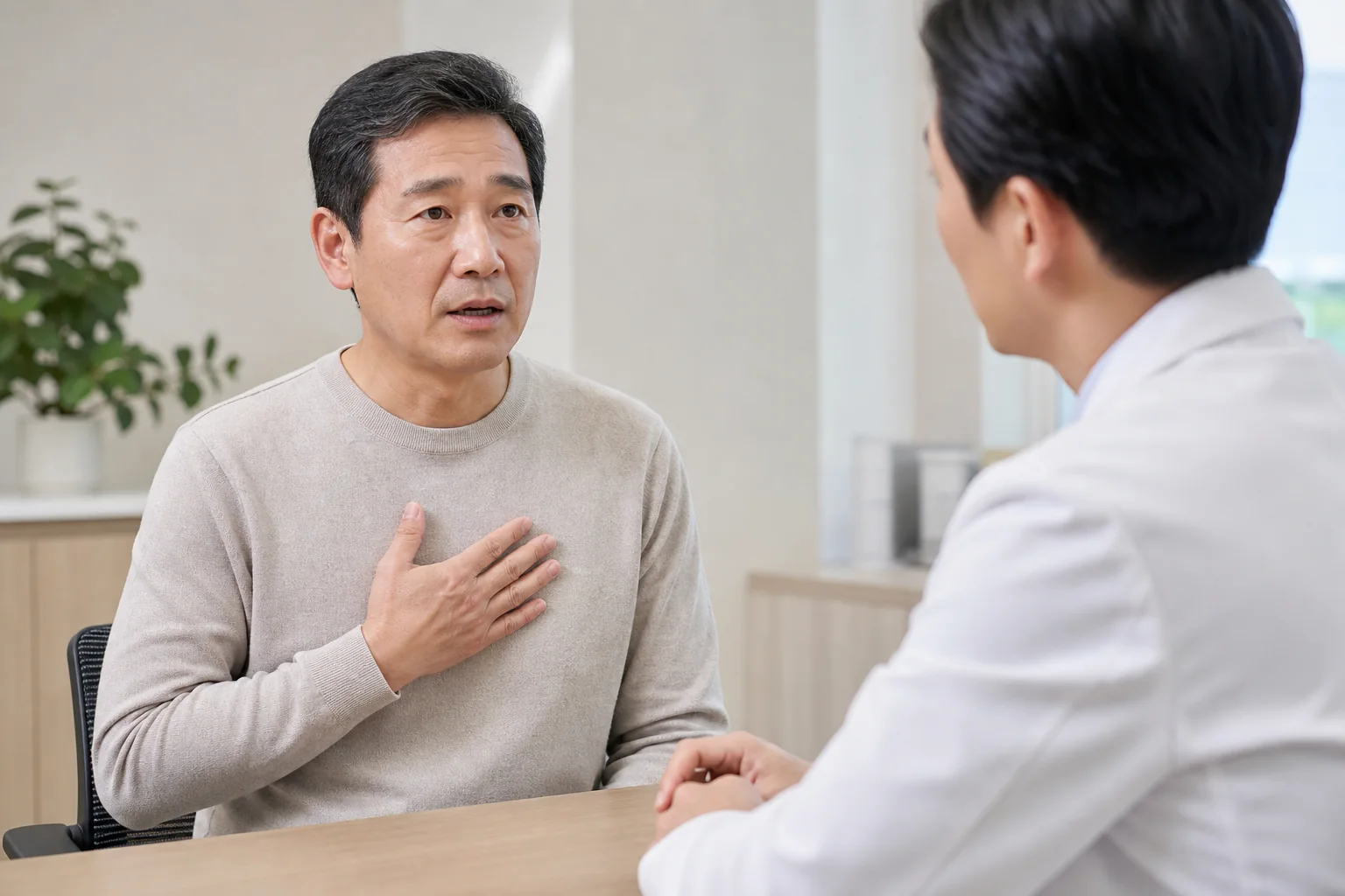협심증으로 겪는 불편을 상담하는 환자와 의료진