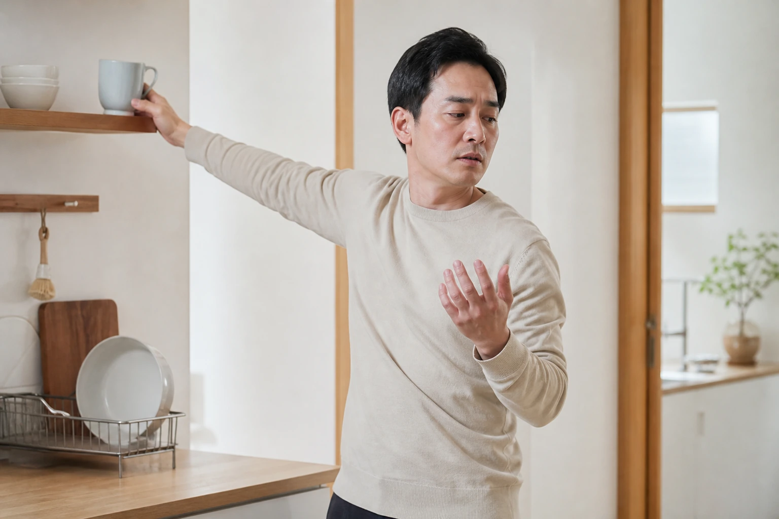 베이지색 스웨터를 입은 남성이 주방 선반의 컵을 한 손으로 잡고 반대 손을 바라보는 모습