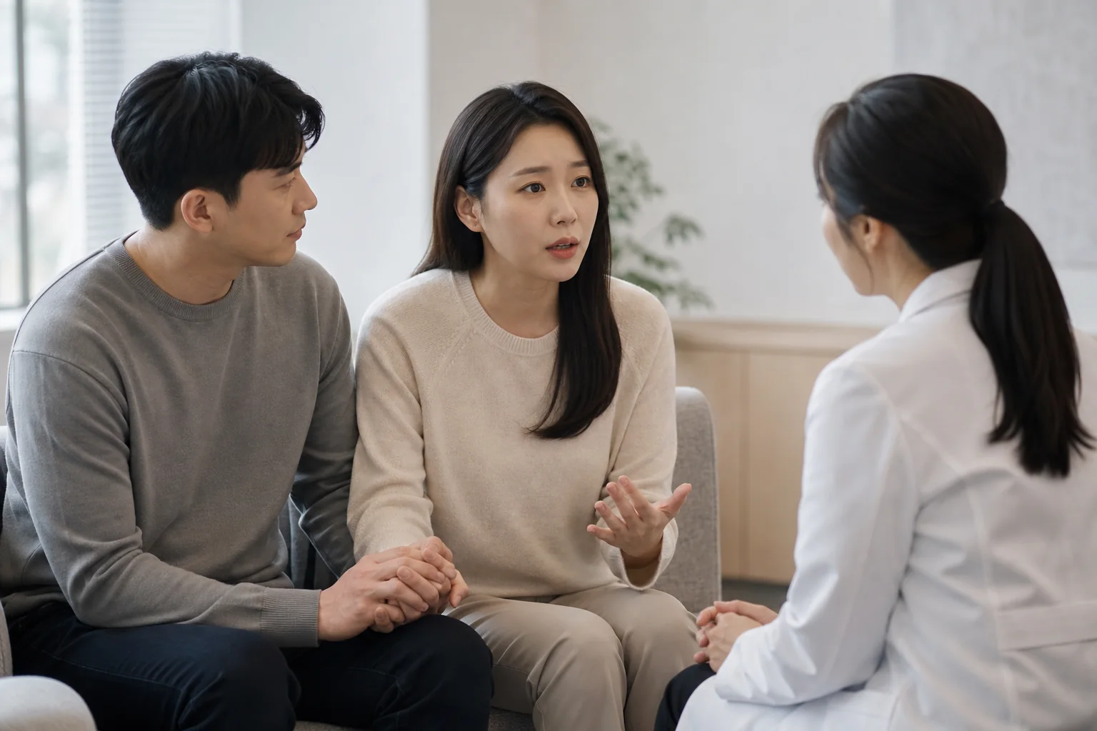 화학적유산후조리로 겪는 불편을 상담하는 환자와 의료진