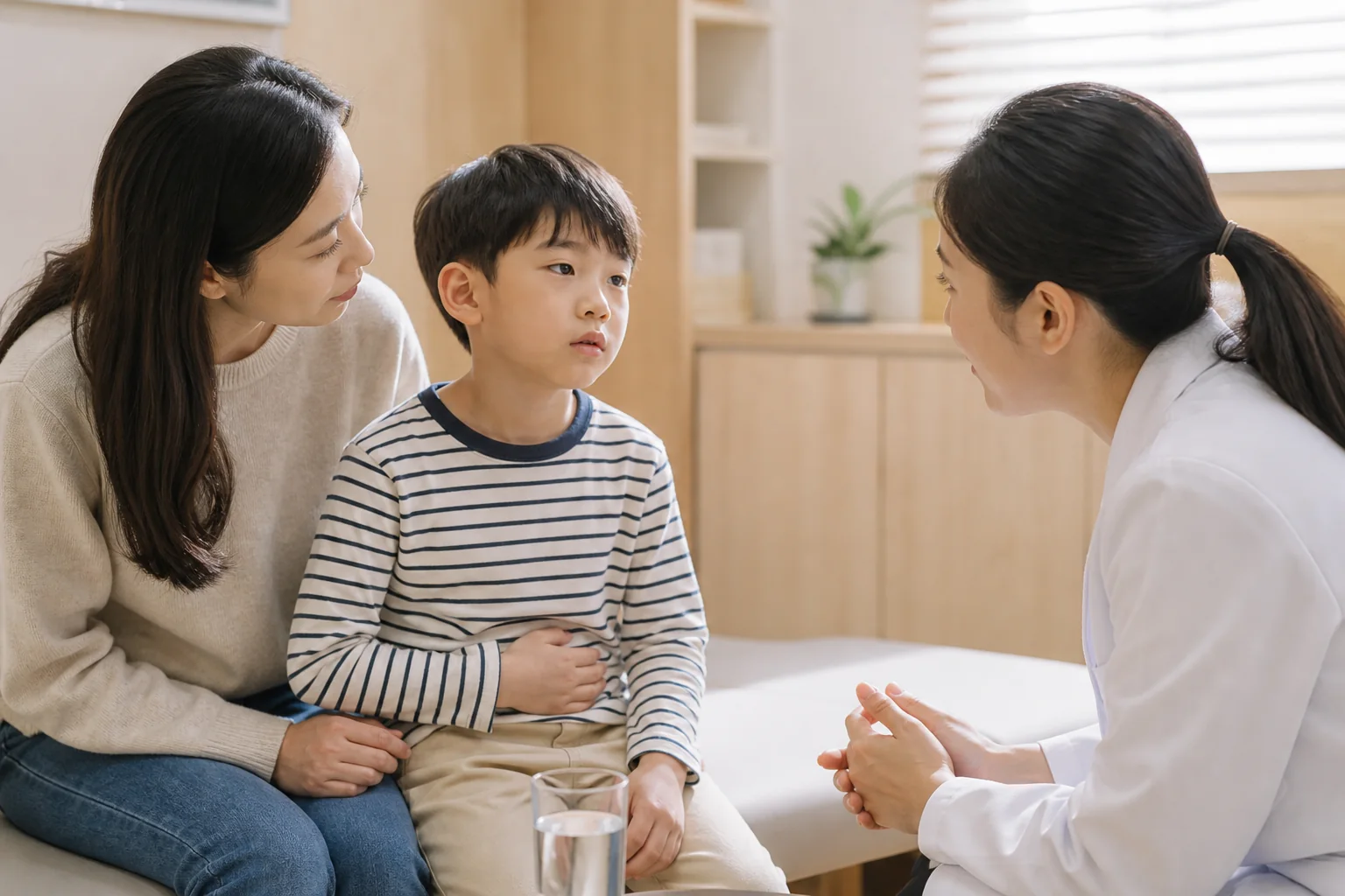 복부를 감싼 아이와 보호자가 의료진에게 상담하는 장면