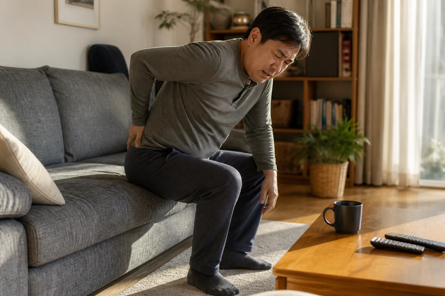 오래 앉은 뒤 엉덩이 깊은 통증이 다리 쪽으로 번져 소파에서 일어서다 멈춘 한국인 남성 한 명의 장면