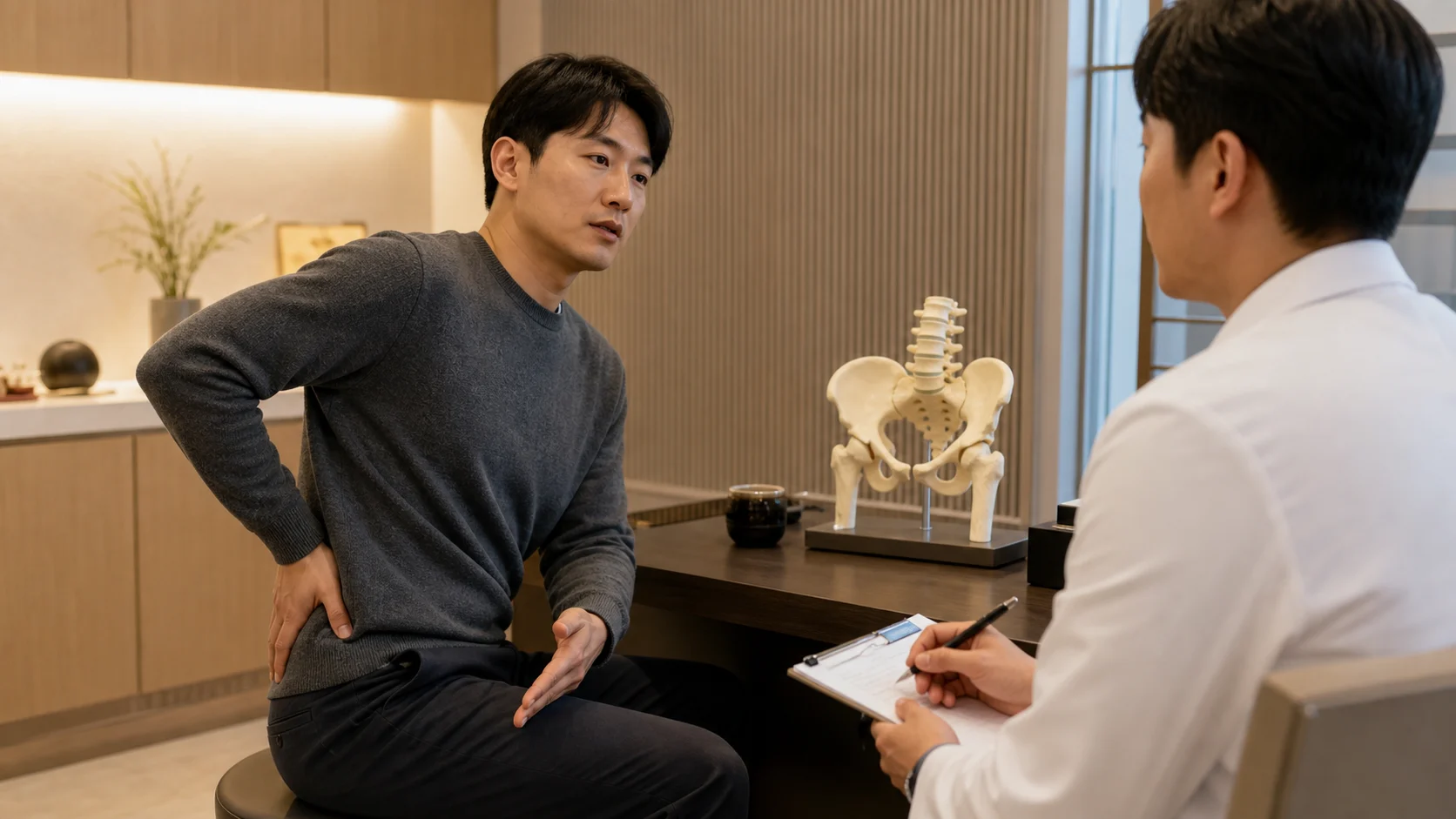 이상근증후군 환자가 모던 한의원 상담실에서 엉덩이 통증과 오래 앉은 뒤 다리 저림을 설명하는 장면