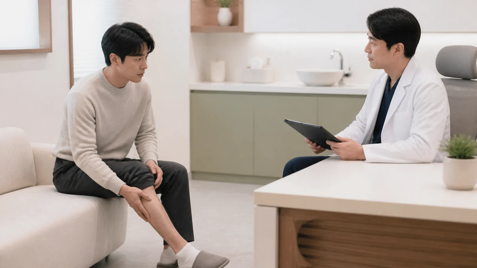 장미색비강진 환자가 국내 한의원 진료실에서 한국인 의료진과 발진 시작 시점과 가려움을 상담하는 장면