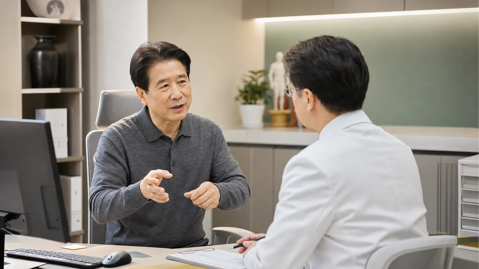 족저근막염 환자가 현대 한의원 진료실에서 아침 첫발 통증과 오래 서기 불편을 상담하는 장면