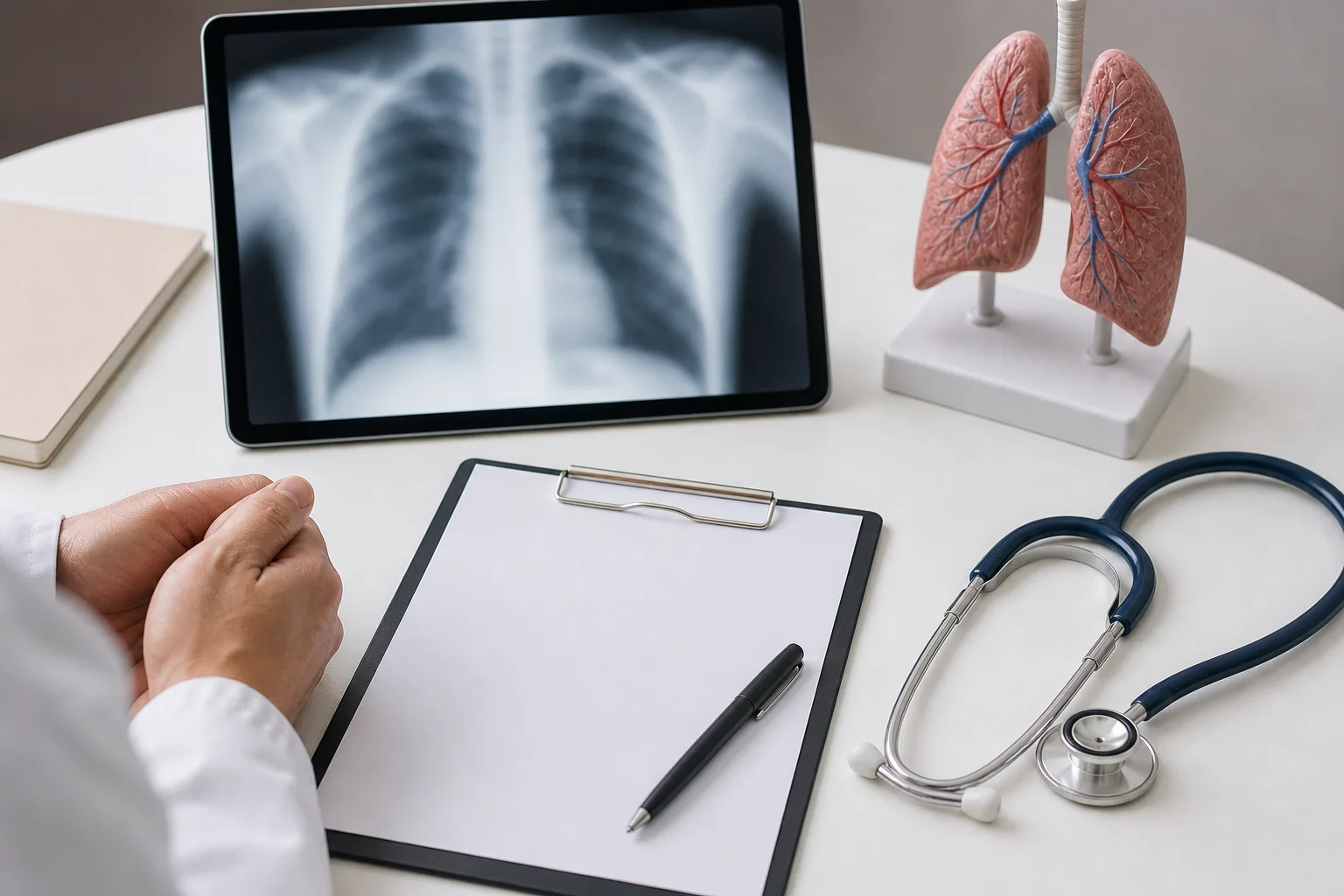 기흉 진료 체크포인트에서 흉부 X-ray 화면과 폐 모형, 문진표로 기록을 확인하는 장면