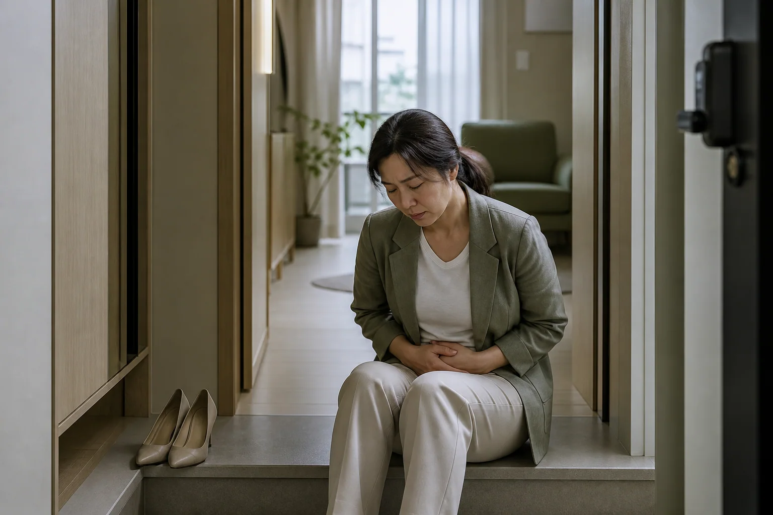 난자 질 저하로 반복 치료 중 수면 부족과 아랫배 묵직함·피로가 겹친 한국인 여성 한 명이 아침 외출 준비를 멈춘 생활 장면