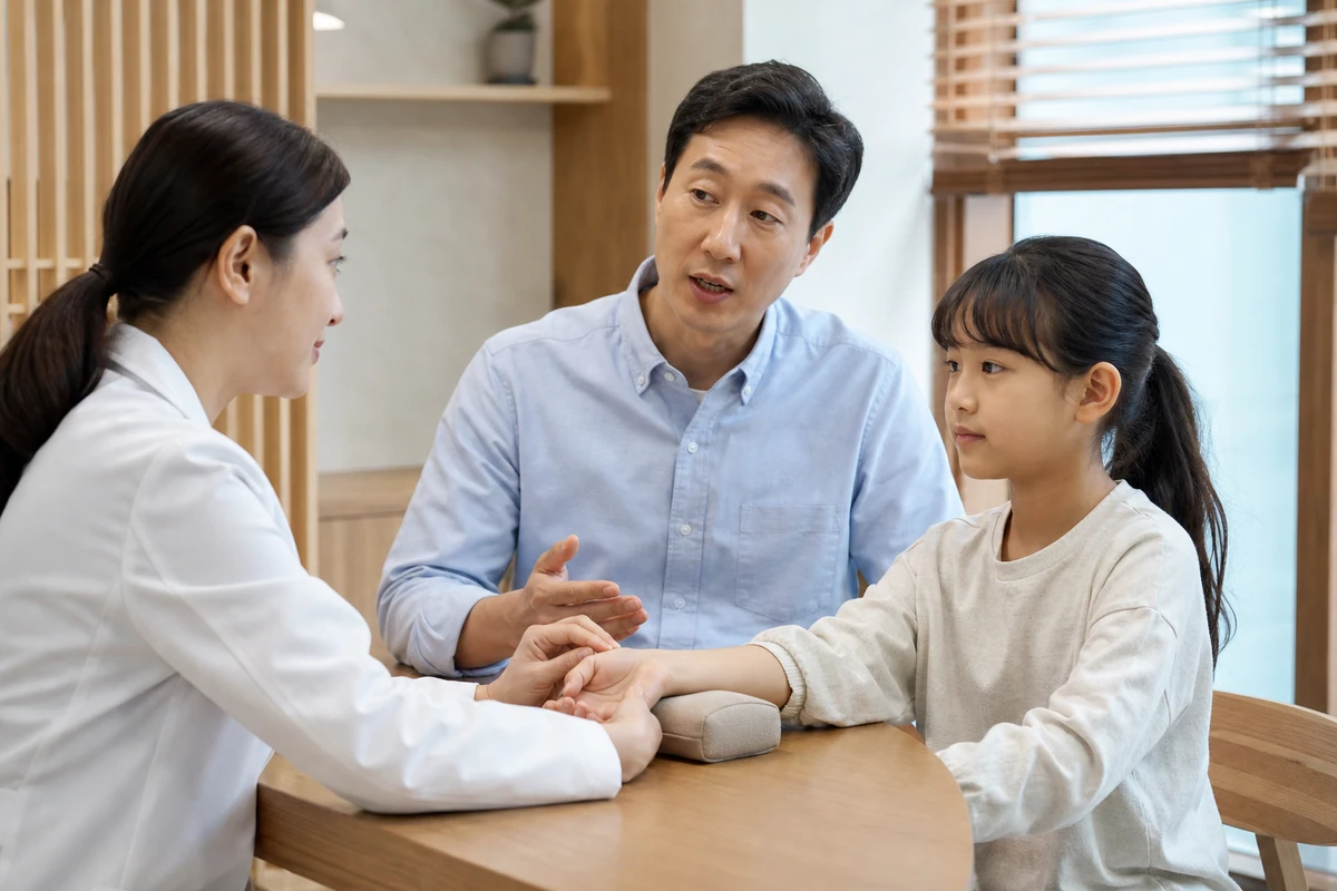 소아 장염 후 회복 환자를 진찰하는 한국인 의료진과 보호자