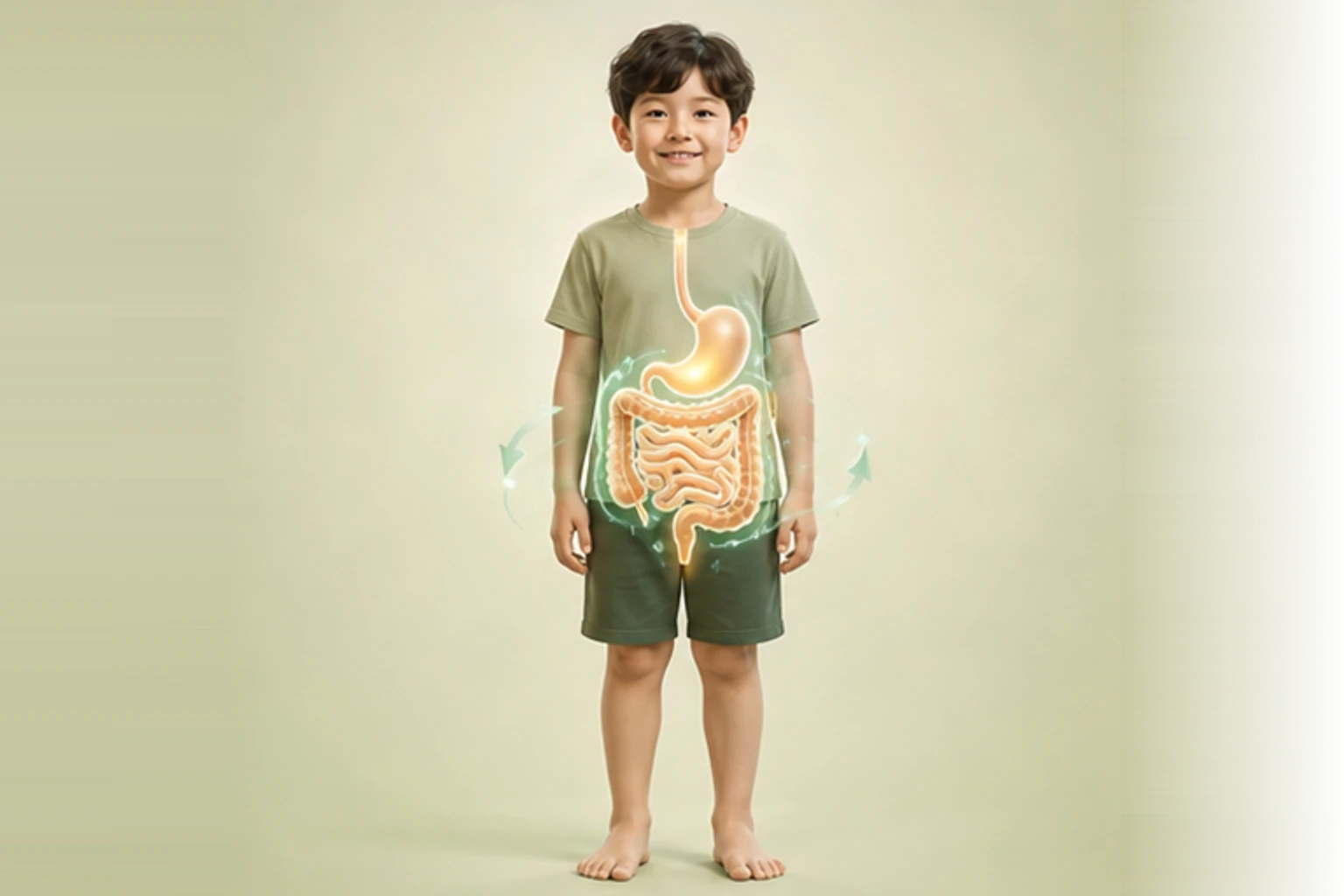 소아장염후회복과 관련된 신체 부위를 머리부터 발끝까지 온전히 보이는 아이 위에 밝고 친근하게 보여 주는 소아 서양의학 교육 이미지