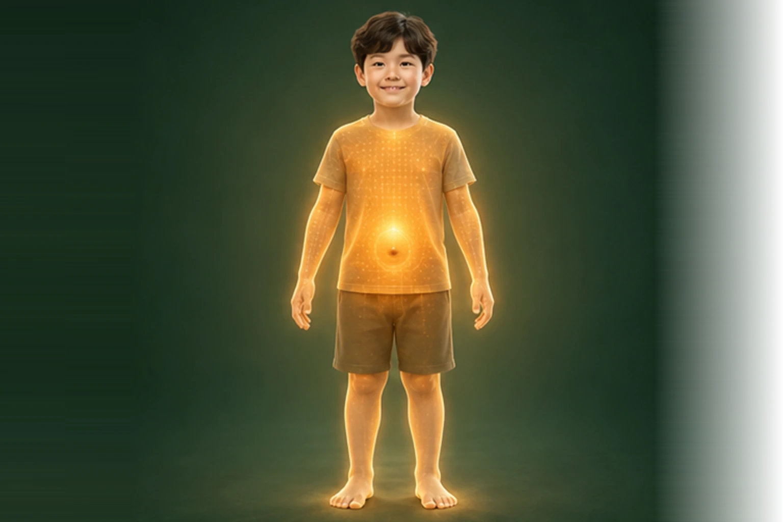 소아장염후회복 아이의 머리부터 발끝까지 온전한 인체 형태에서 열의 흐름을 선명한 황금빛으로 보여 주는 담적병 골든셋 교육 이미지