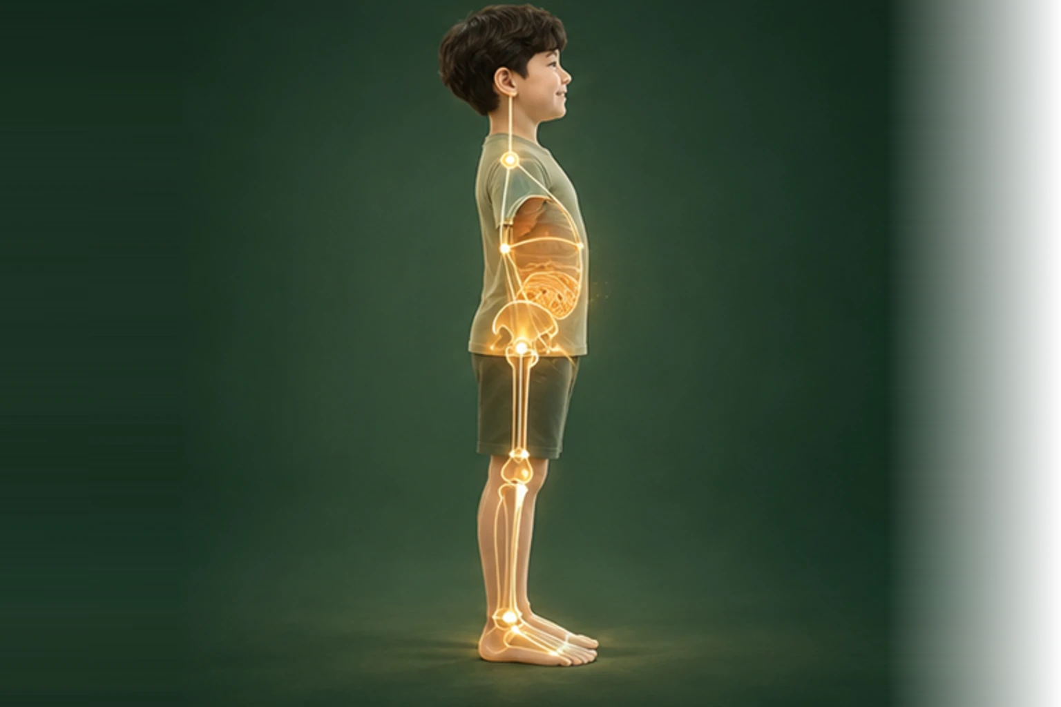 소아장염후회복 아이의 머리부터 발끝까지 온전한 인체 형태에서 구조의 흐름을 선명한 황금빛으로 보여 주는 담적병 골든셋 교육 이미지