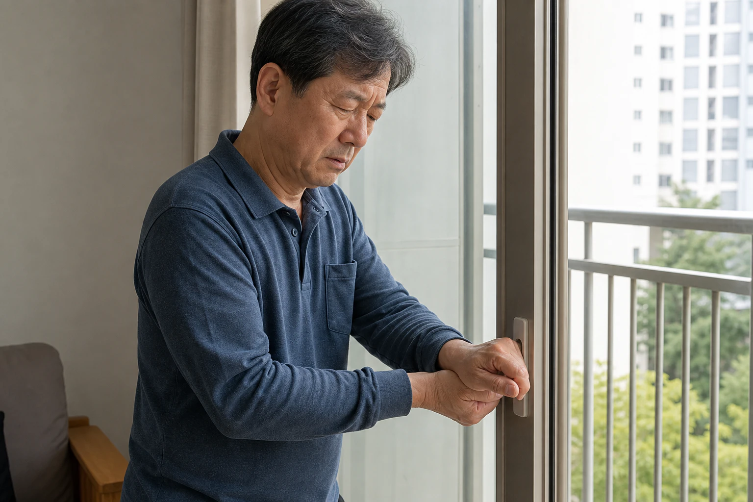 골절 뒤 남은 손목 뻣뻣함 때문에 베란다 문을 열다 동작을 멈춘 한국인 남성 한 명의 장면