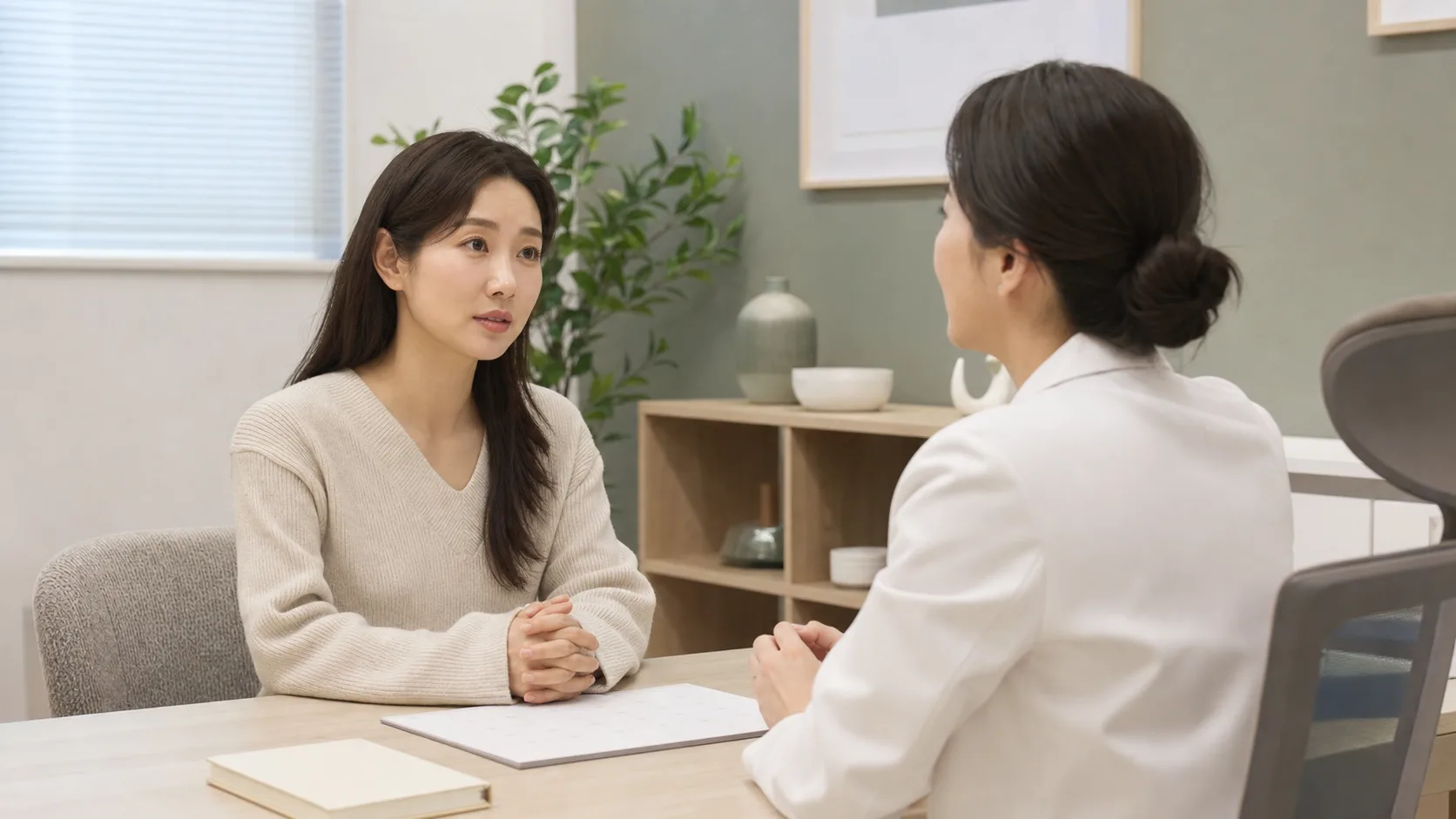 유산후생리불순 상담에서 한국인 여성 환자가 생리 지연과 주기 변화를 설명하는 장면