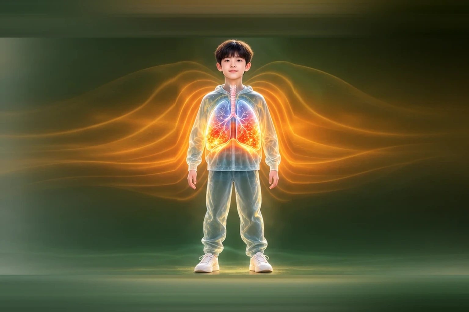 소아폐렴후회복 아이의 머리부터 발끝까지 온전한 인체 형태에서 열의 흐름을 선명한 황금빛으로 보여 주는 담적병 골든셋 교육 이미지