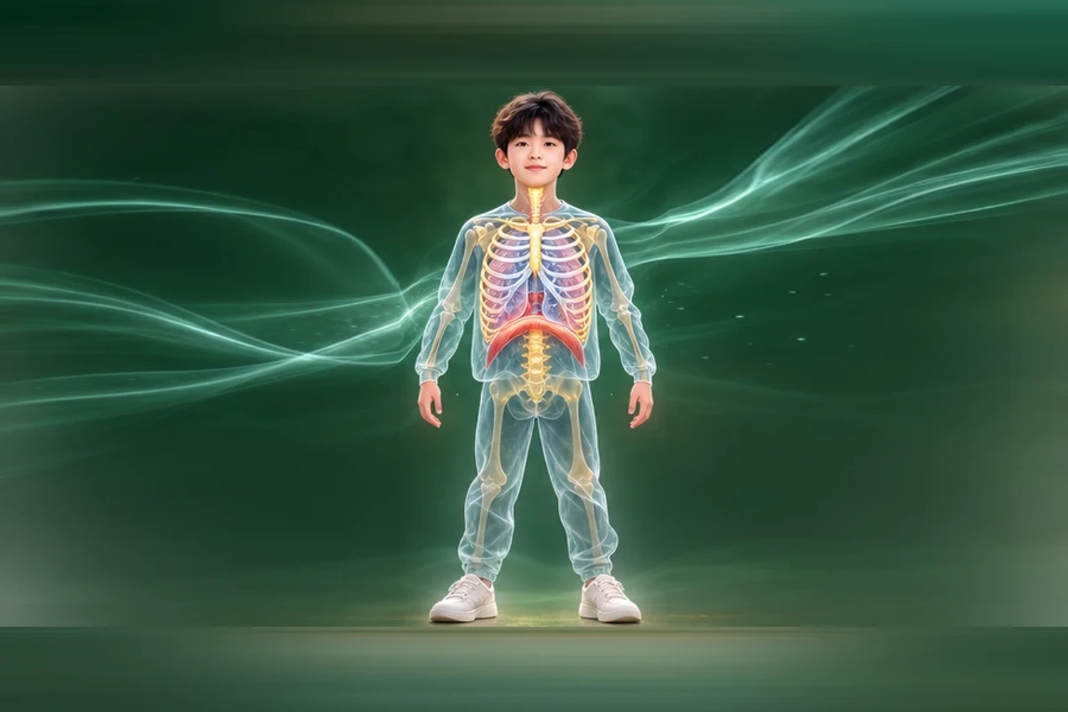 소아폐렴후회복 아이의 머리부터 발끝까지 온전한 인체 형태에서 구조의 흐름을 선명한 황금빛으로 보여 주는 담적병 골든셋 교육 이미지