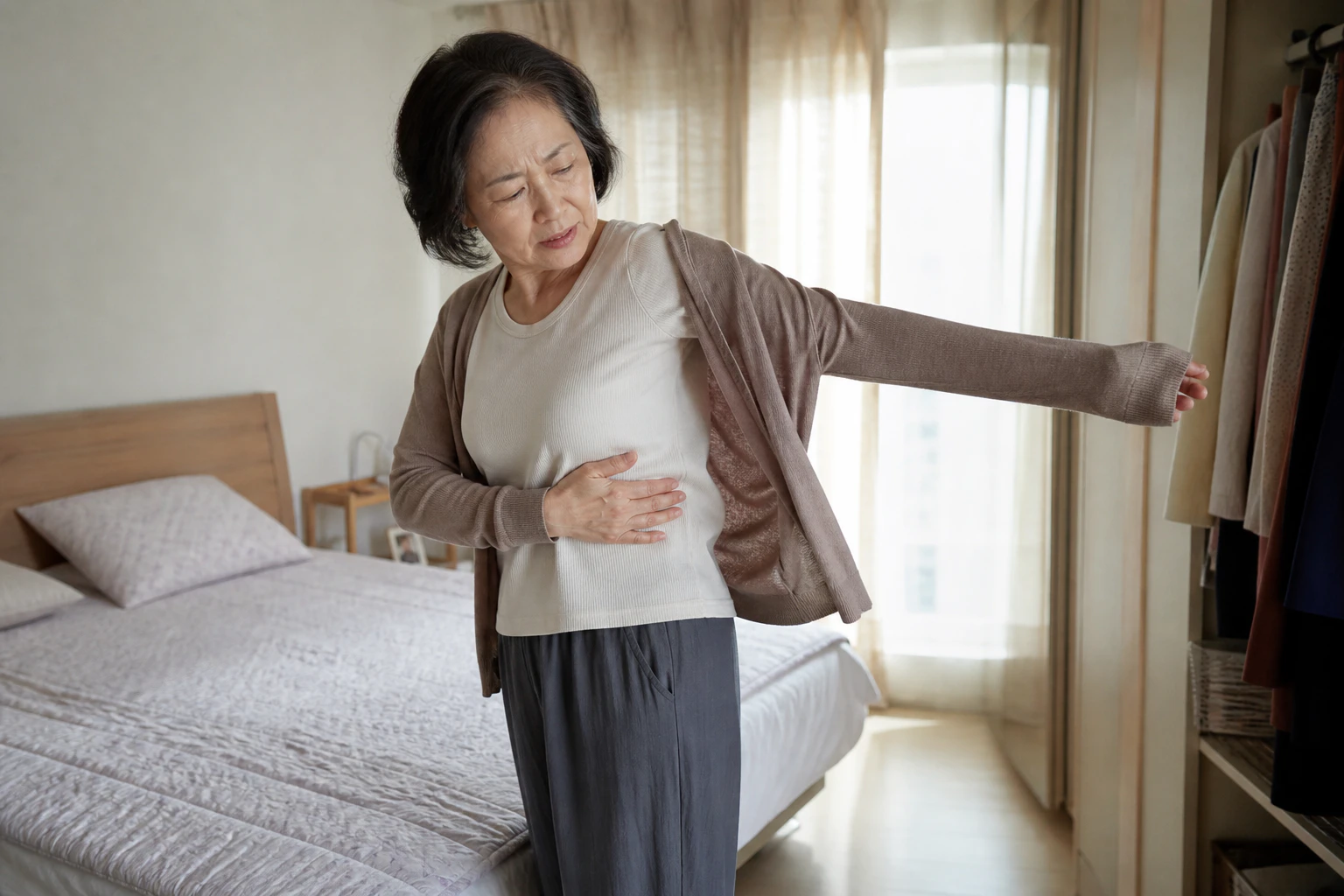 골절 뒤 남은 옆갈비 통증 때문에 아침에 스웨터를 입다 팔을 멈춘 한국인 여성 한 명의 장면