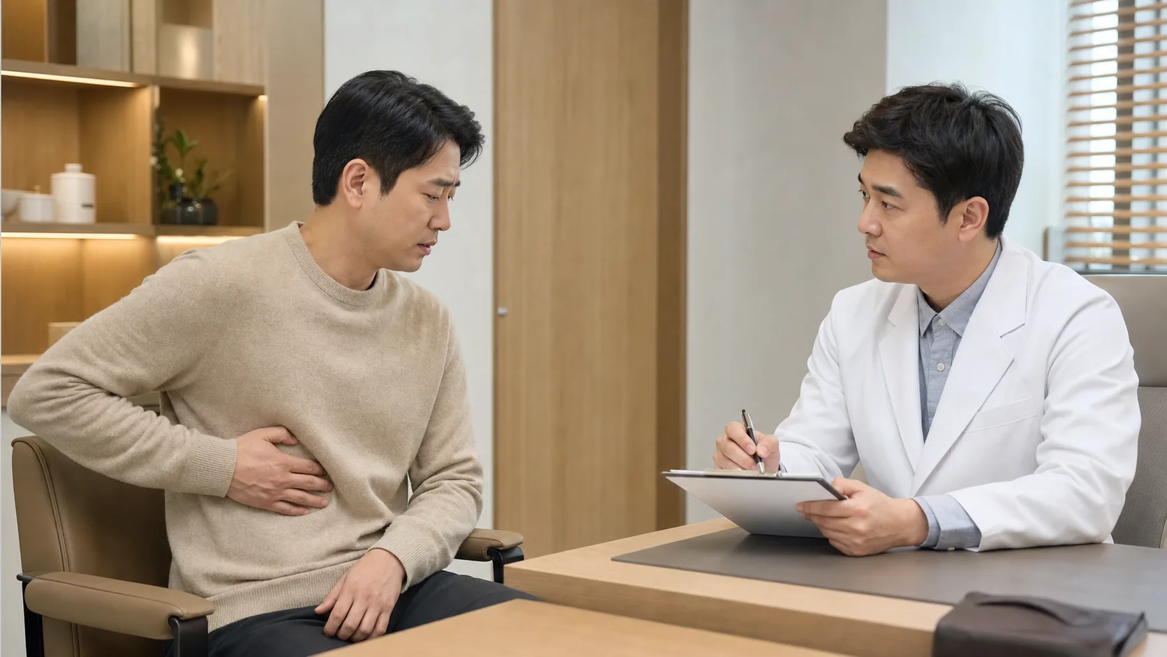 한국인 갈비뼈 골절 후 통증 환자가 국내 한의원 상담 공간에서 옆구리 통증을 설명하는 장면