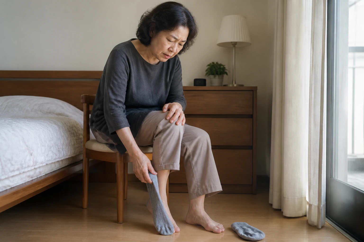 수술 뒤 남은 무릎 뻣뻣함 때문에 아침에 양말을 신다 멈춘 한국인 여성 한 명의 장면
