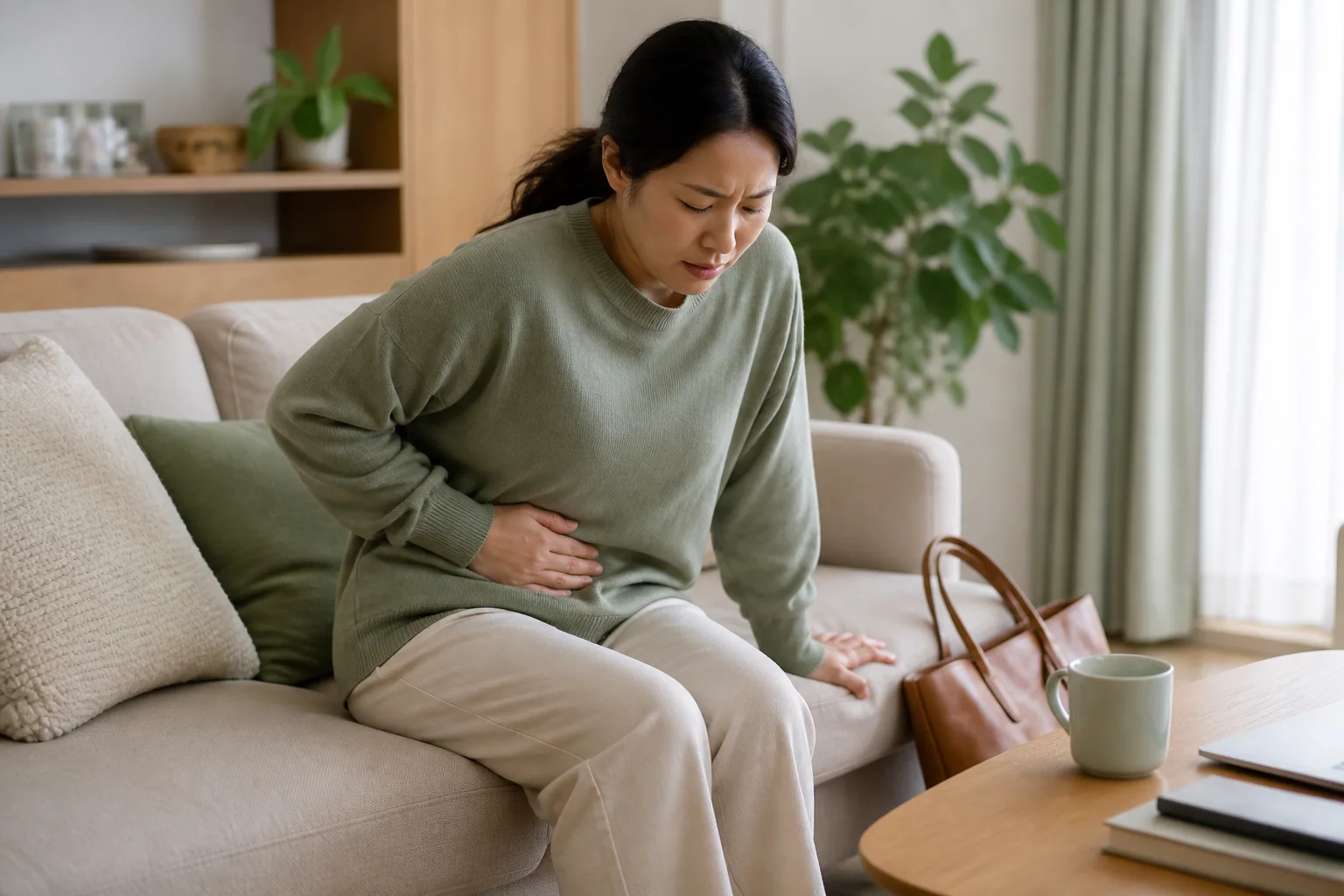 부인과 수술 뒤 아랫배 당김과 피로로 일어나기 어려운 한국인 여성 한 명이 거실 소파에서 움직임을 멈춘 회복 생활 장면