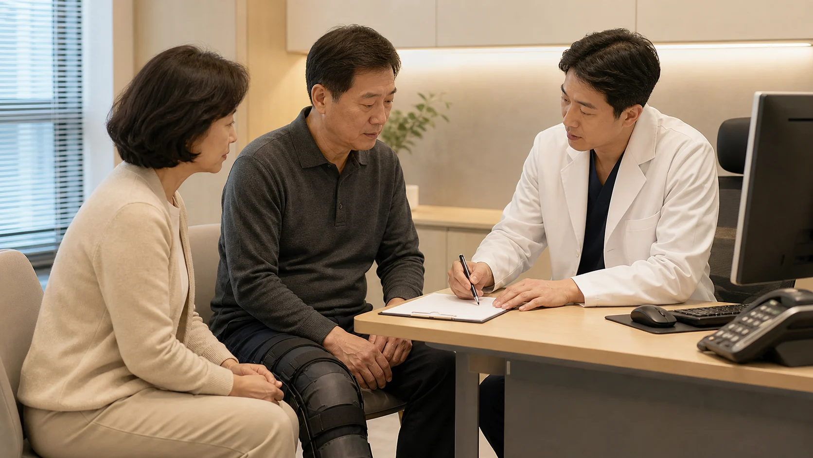 한국인 수술 후 재활 환자가 보호자와 함께 국내 한의원 진료실에서 통증과 보행 제한을 상담하는 장면