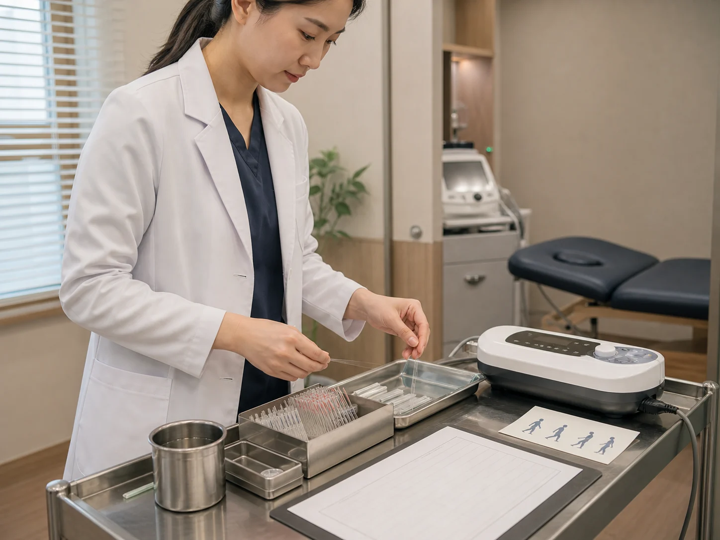 한국인 한의사가 국내 한의원 치료실에서 수술 후 재활 환자의 침 치료 도구와 온열 장비, 회복 계획을 준비하는 장면