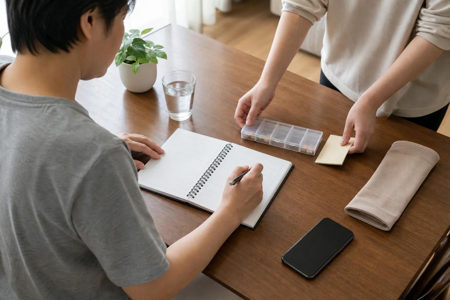 한국인 수술 후 재활 환자가 집에서 회복 일지와 약 복용, 걷기 기록을 정리하는 장면