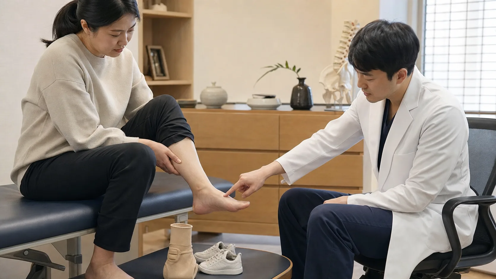 한국인 후경골건염 환자가 안쪽 발목과 발 아치 통증을 국내 한의원 진료실에서 상담하는 장면