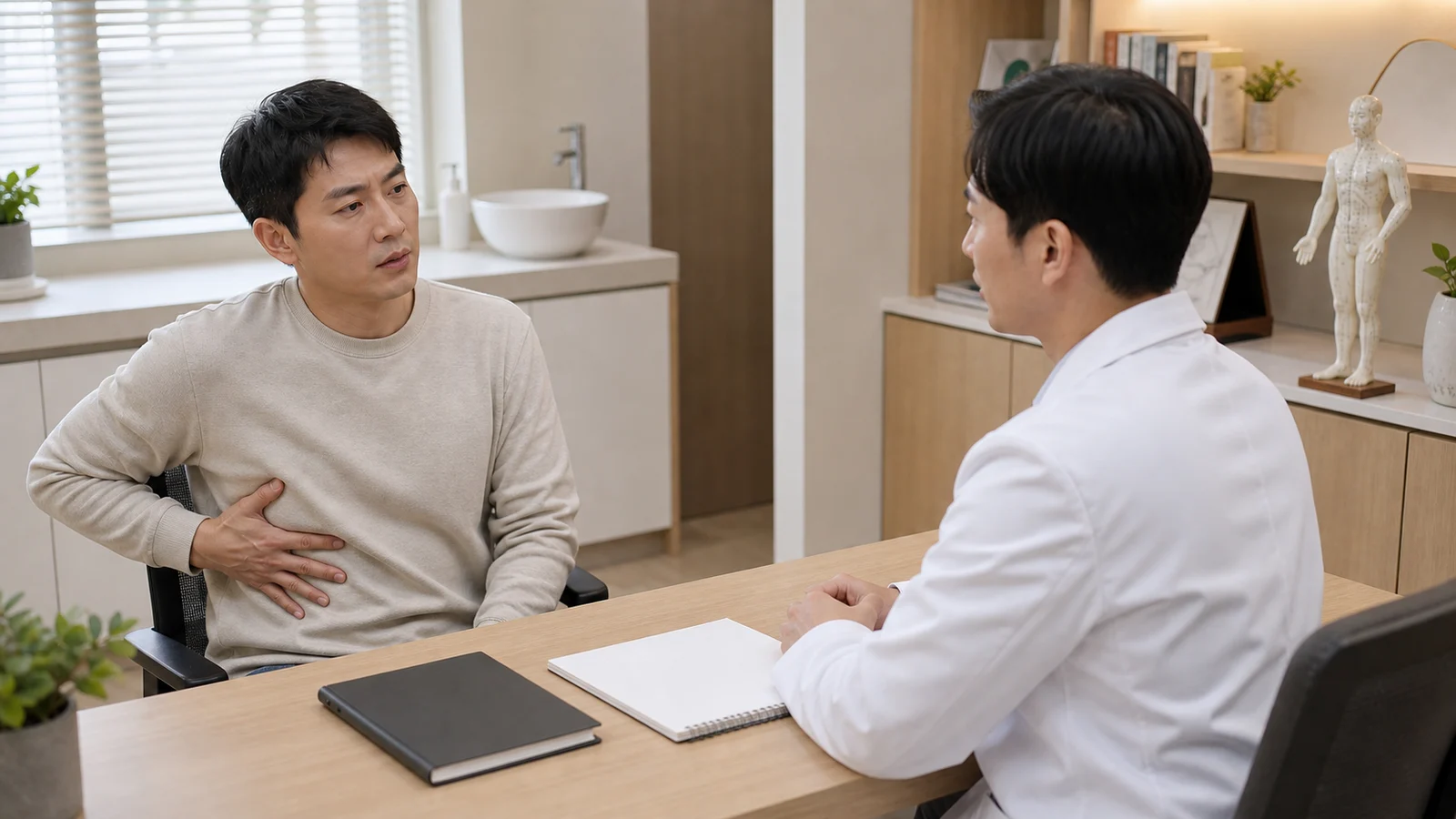 대상포진후신경통 환자가 갈비뼈 주변 통증과 옷 스침 통증을 한국인 의료진에게 설명하는 상담 장면