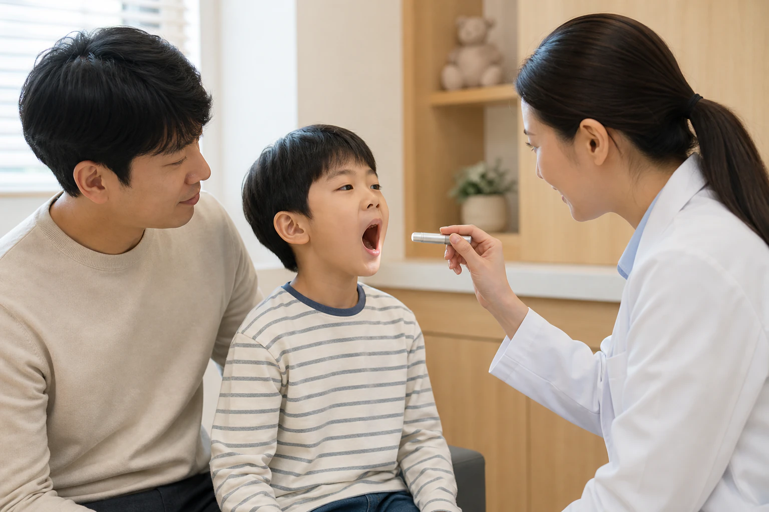 보호자가 곁에 있는 진료실에서 한의사가 7세 아이의 목 안을 불빛으로 살피는 장면