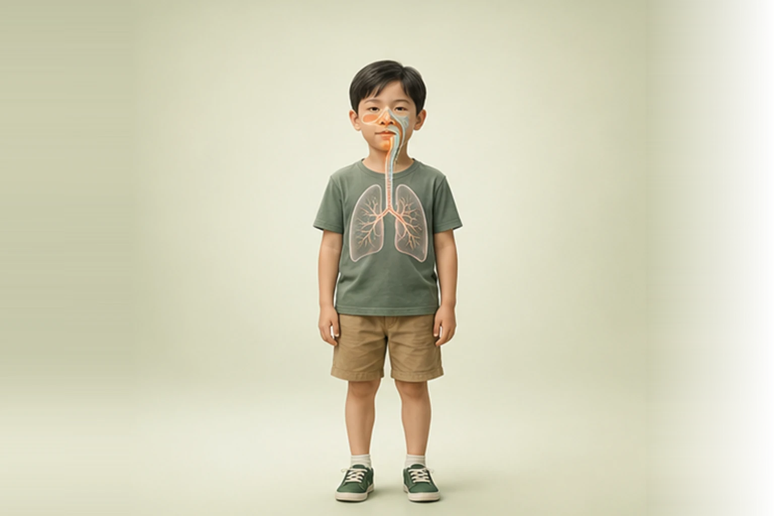 소아후비루기침과 관련된 신체 부위를 머리부터 발끝까지 온전히 보이는 아이 위에 밝고 친근하게 보여 주는 소아 서양의학 교육 이미지