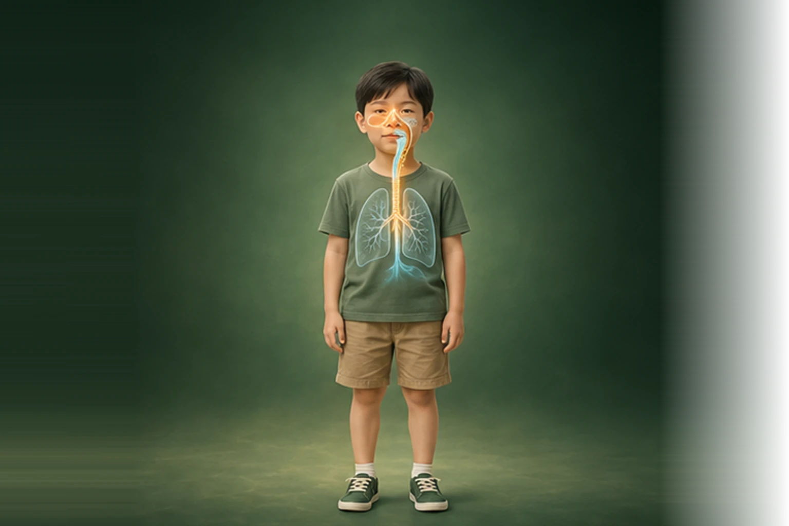 소아후비루기침 아이의 머리부터 발끝까지 온전한 인체 형태에서 물질의 흐름을 선명한 황금빛으로 보여 주는 담적병 골든셋 교육 이미지