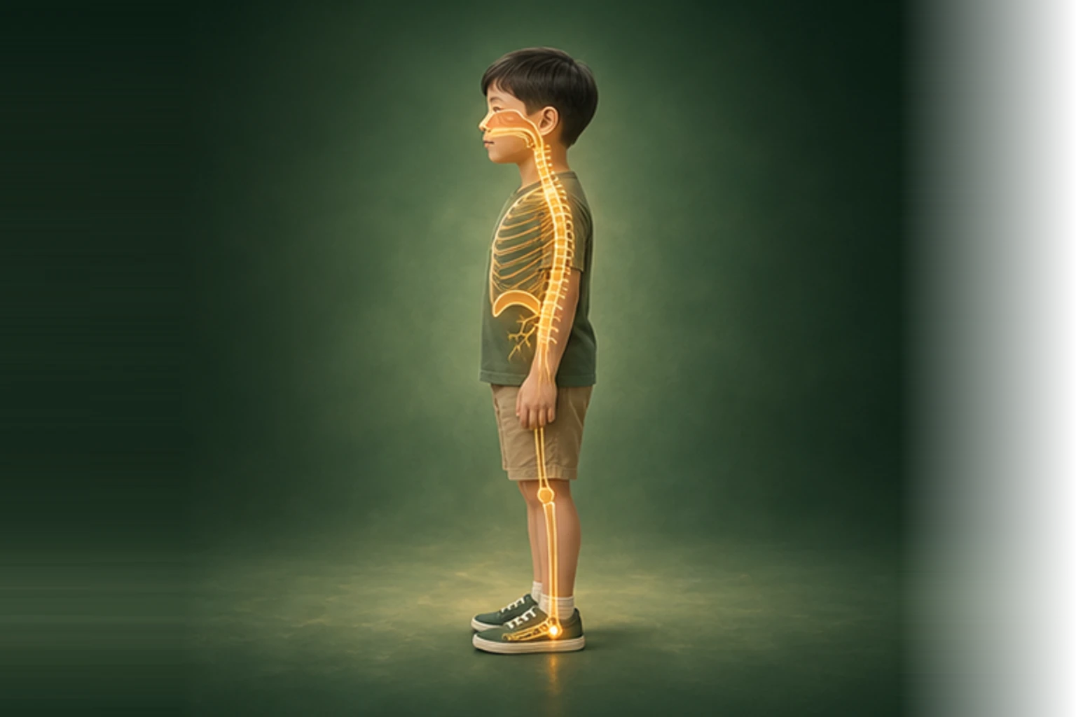 소아후비루기침 아이의 머리부터 발끝까지 온전한 인체 형태에서 구조의 흐름을 선명한 황금빛으로 보여 주는 담적병 골든셋 교육 이미지