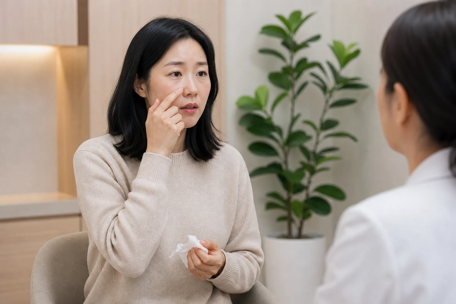 후비루 환자가 코 뒤에서 목으로 넘어가는 느낌과 헛기침을 진료실에서 설명하는 장면