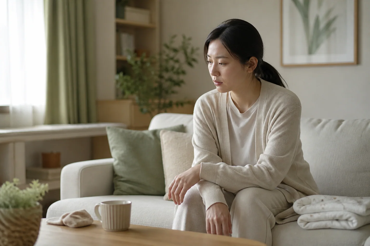 산후우울감과 피로로 집안일을 이어가기 어려운 한국인 산모 한 명이 거실 소파에 앉아 잠시 멈춘 생활 장면