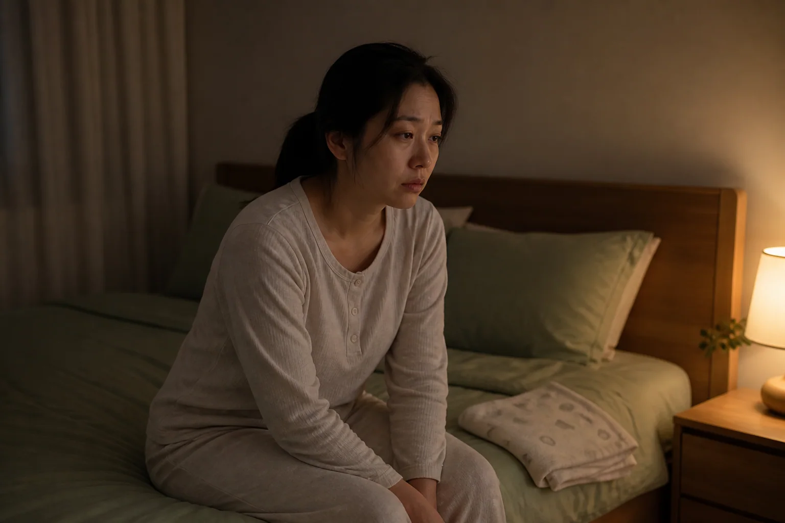 산후 불면으로 밤중 돌봄 뒤에도 잠들지 못한 한국인 산모 한 명이 어두운 침실 침대에 깨어 앉아 있는 생활 장면