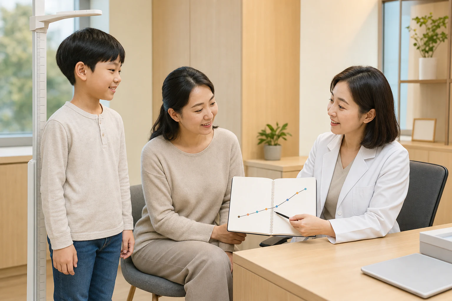한국인 아이와 보호자가 키 측정표와 성장 기록을 의료진과 함께 확인하는 성조숙증 상담 장면