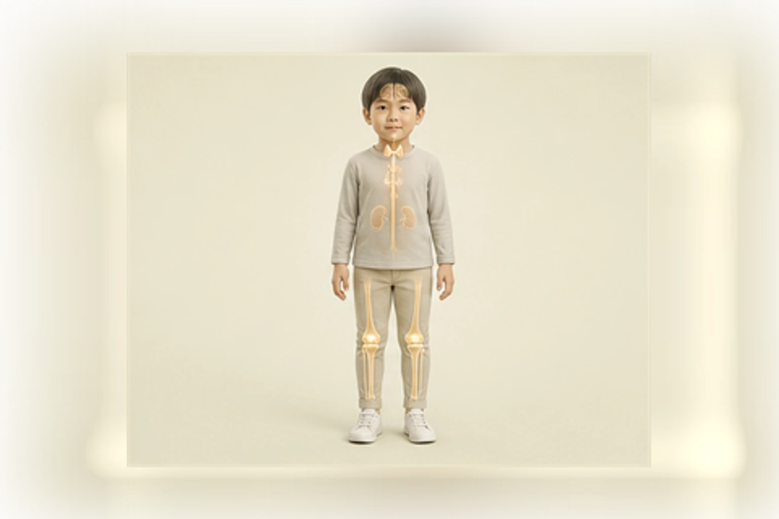 성조숙증과 관련된 신체 부위를 머리부터 발끝까지 온전히 보이는 아이 위에 밝고 친근하게 보여 주는 소아 서양의학 교육 이미지