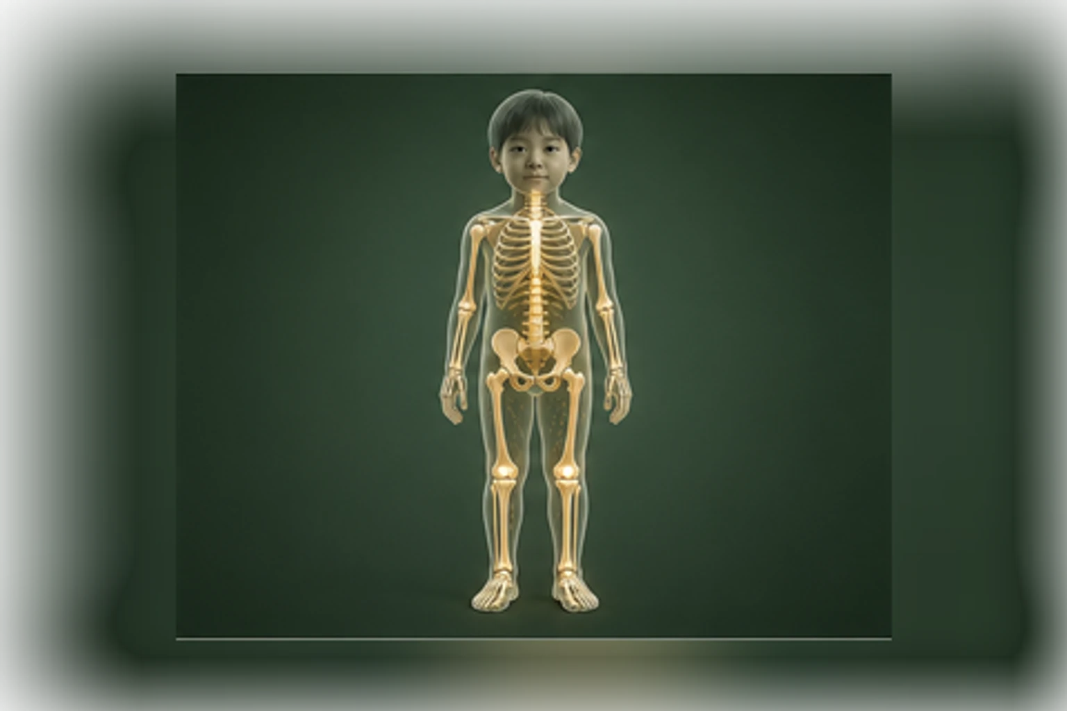 성조숙증 아이의 머리부터 발끝까지 온전한 인체 형태에서 구조의 흐름을 선명한 황금빛으로 보여 주는 담적병 골든셋 교육 이미지
