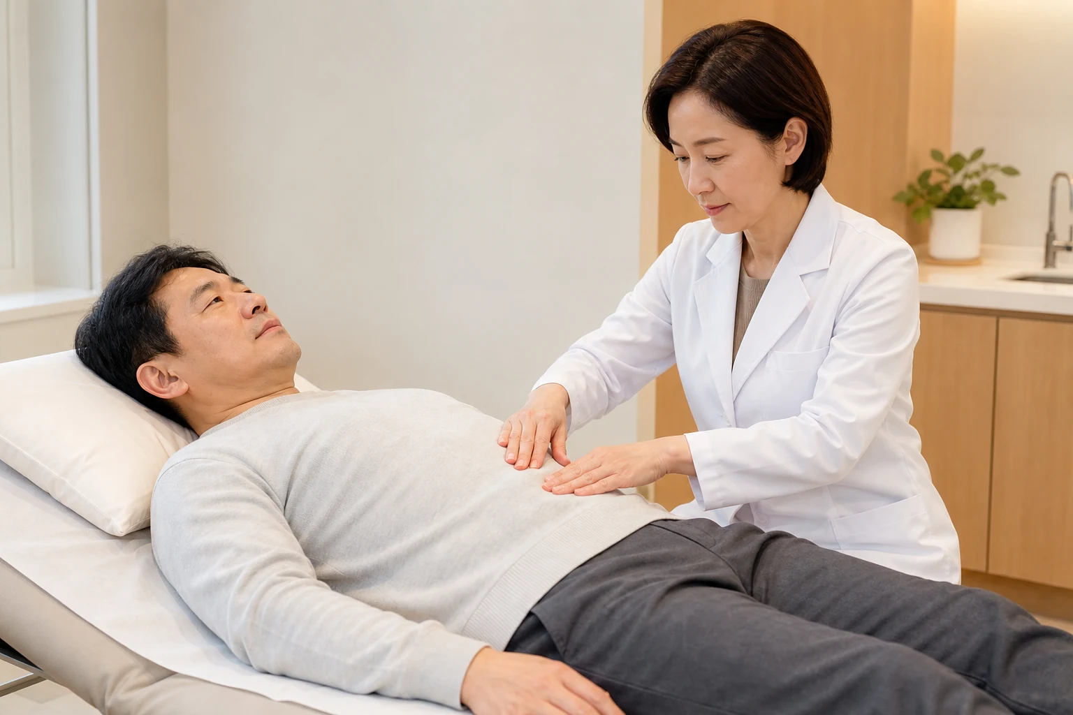 의료진이 누운 환자의 배를 진찰하는 장면