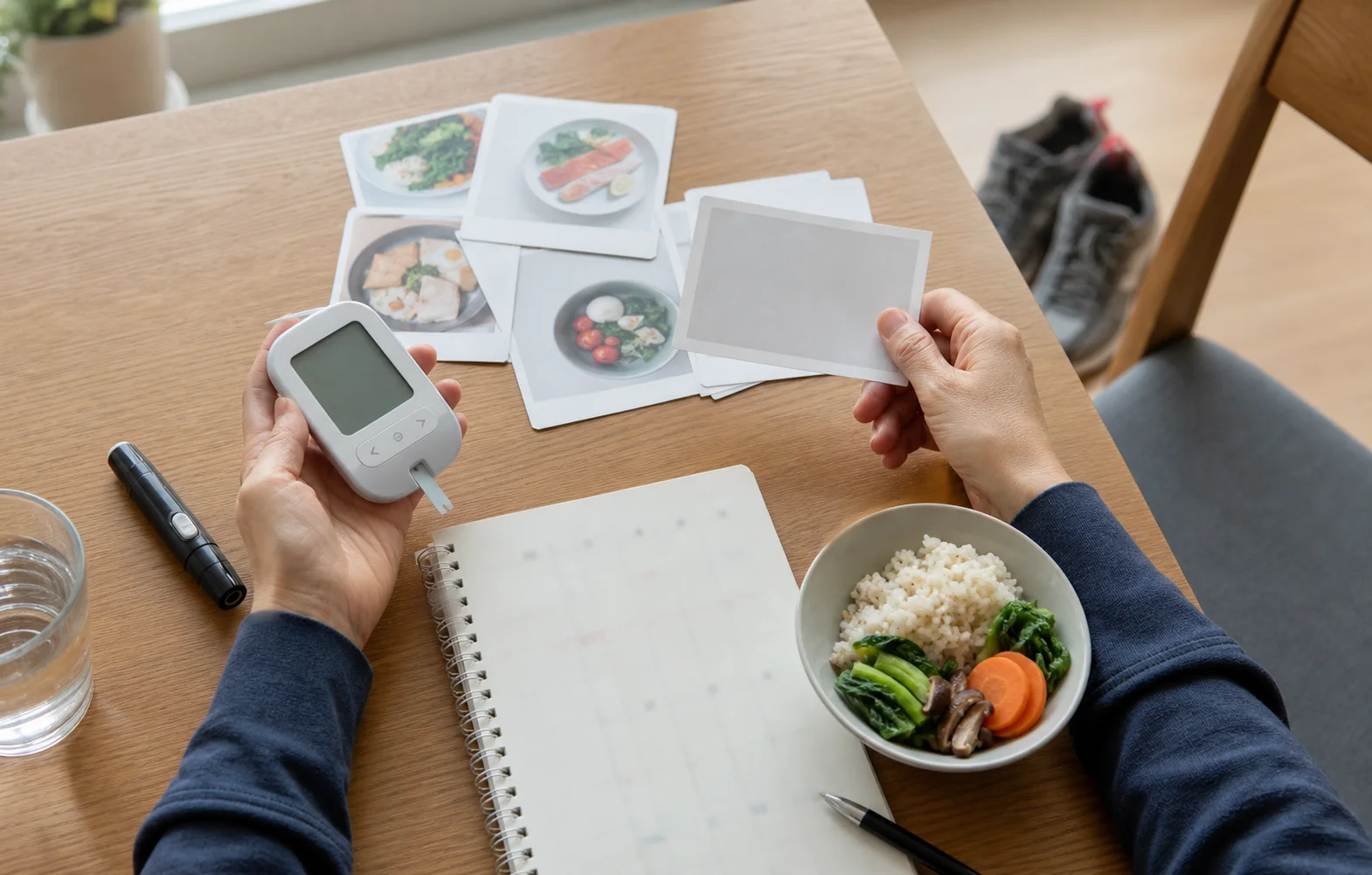 당뇨전단계 환자가 식사와 혈당, 수면과 활동 기록을 상담 전 정리하는 장면